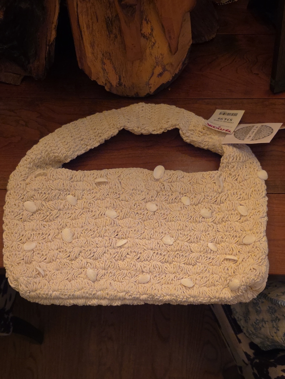 Crocheted Knit Shell Accent Shoulder Bag - Cream